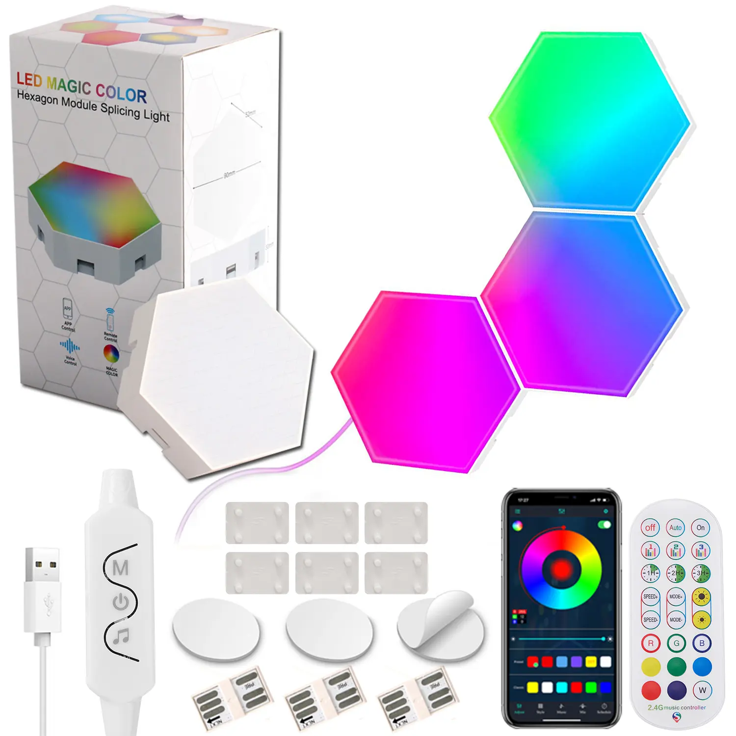 3-Piece Smart Hexagon RGB LED Panels - Color-Changing Novelty Lighting with Bluetooth App, Remote Control, Music Sync DIY Ambient Mood Lights for Gaming, Party Lights, Entertainment, Streaming, Watch Party, Valentine's Day Gift, Living Room Home Decor