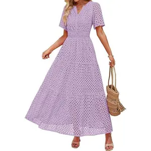 ZESICA Women’s Eyelet Maxi Dress – Summer V Neck Short Sleeve Ruffle A-Line Dress with Hollow Out Details, Flowy & Elegant for Vacations or Events
