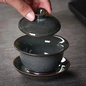 [Longquan Celadon Iron Body] Ice Crackle Three-Talents Gaiwan, 180ml Gongfu Tea Vessel, Hand-Crafted Crackle Glaze, High-Temperature Fired Original Ore Glaze, Retro Chinese Tea Set Gift Box, Ideal for Holidays & Housewarmings SpringStatements