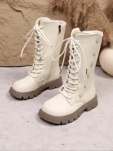 Fashion British Style Women's High-Top Boots, Side Zipper Design, Bootlace Lace Up, Chain Decoration, Diamond Pattern, Rubber Sole for Autumn Winter Footwear