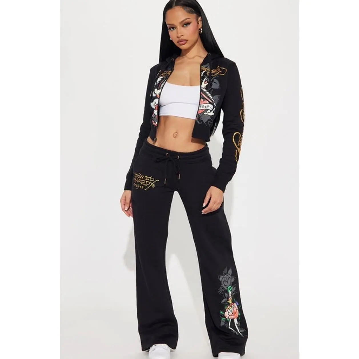 Women's Ed Hardy Swallow Bird Graphic Sweatpant - Black 1, Hoodie, Polyester Garment, Wide Leg, Slight Stretch Bottoms, Drawstring