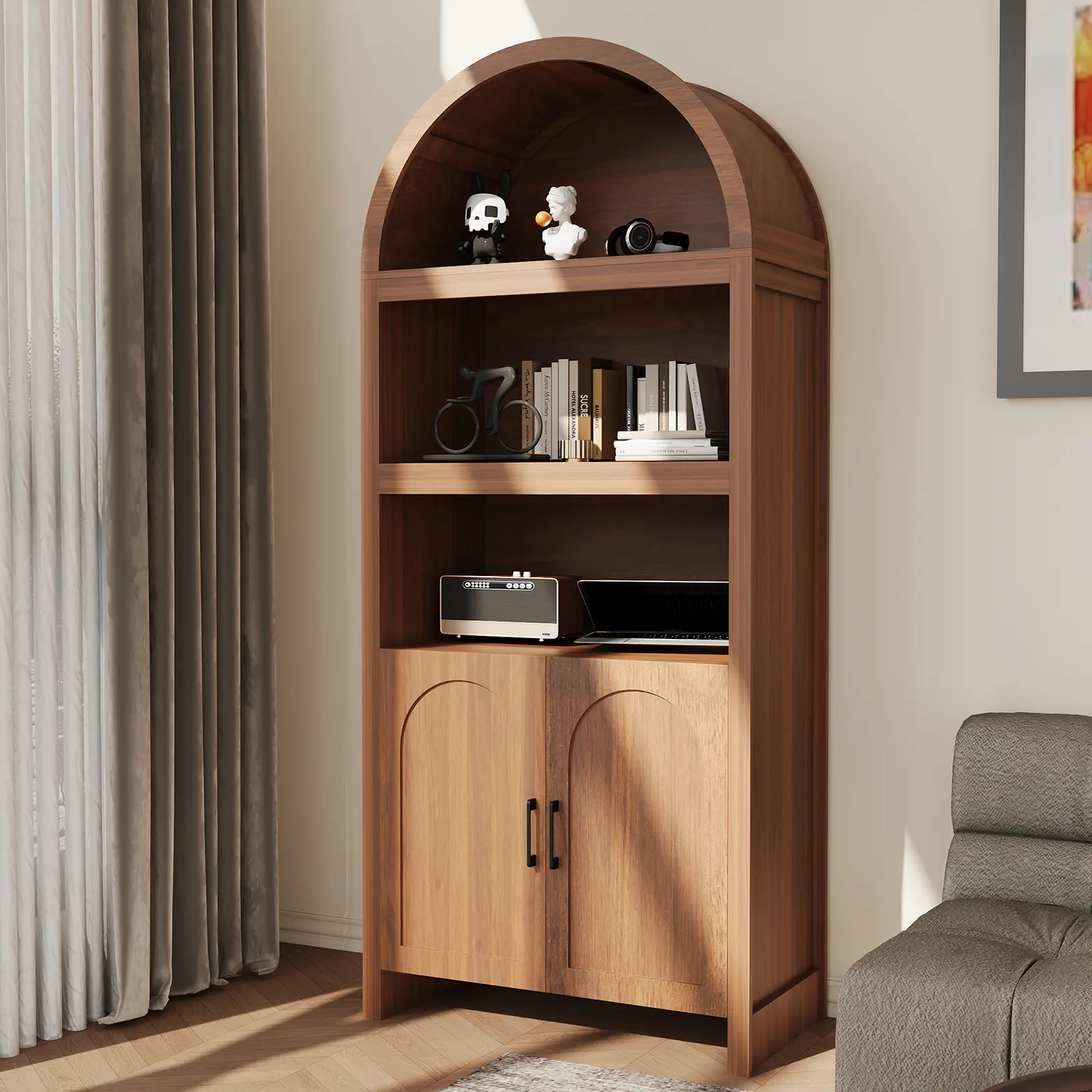 YJ-Garvee Modern Classic 71" Arched Storage Cabinet with Mid Century Doors, 5 Tier Arched Bookcase, Kitchen Pantry with 3 Open Display Shelves and Adjustable Shelf, Display Cabinet for Office Dining Living Room