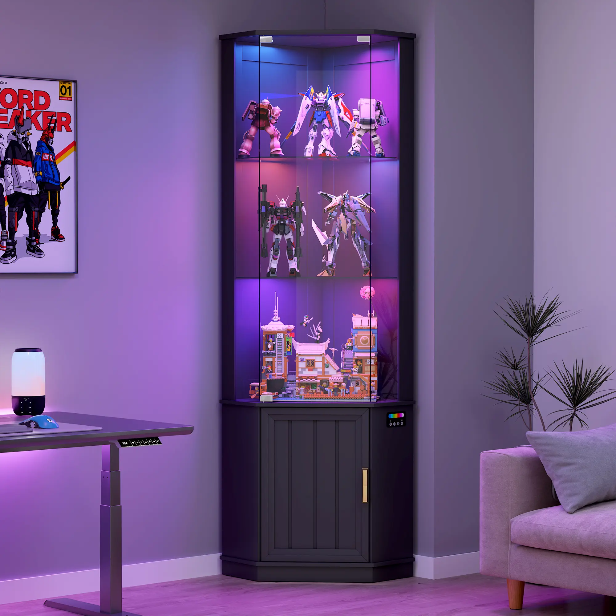 Dystler 69" Corner Glass Display Cabinet with RGB Lights, 3-Tier Movable Glass Shelves, Human Body Sensor Curio, Storage Cabinet for Living Room Decor, Books, Collectibles,summerwins