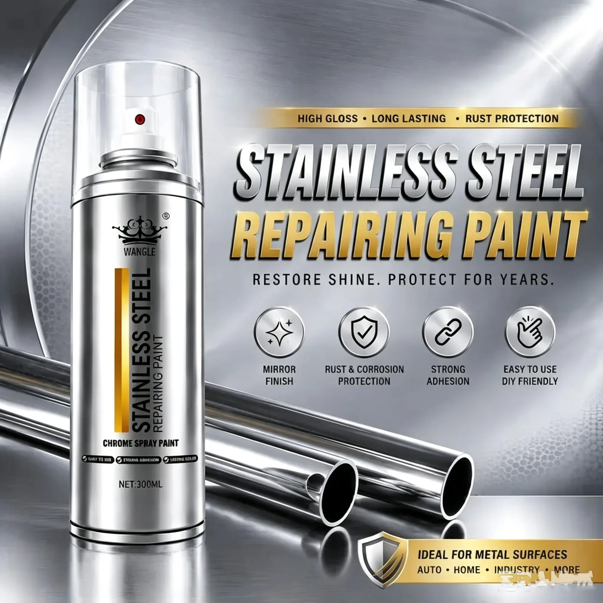 Professional Chrome Coating Spray  - Beginner-Friendly Household Cleaner, Durable Protective Layer, Low-Odor Rust & Corrosion Protection for Faded Metal Surfaces, Cars, Bikes, Indoor Decorative Metals, Protect Against Rust And Corrosion, Metal Rene
