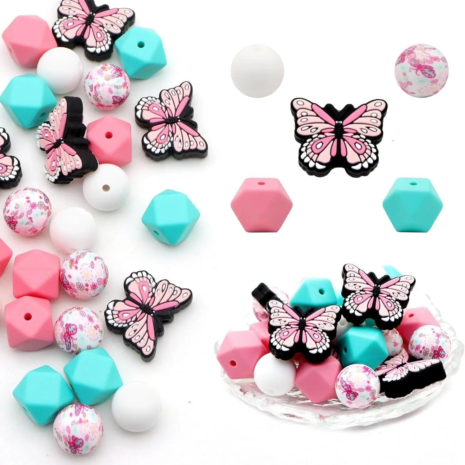 Butterfly & Octagon & Round Shaped Silicone Bead, 25pcs DIY Jewelry Making Supplies for Bracelet Necklace