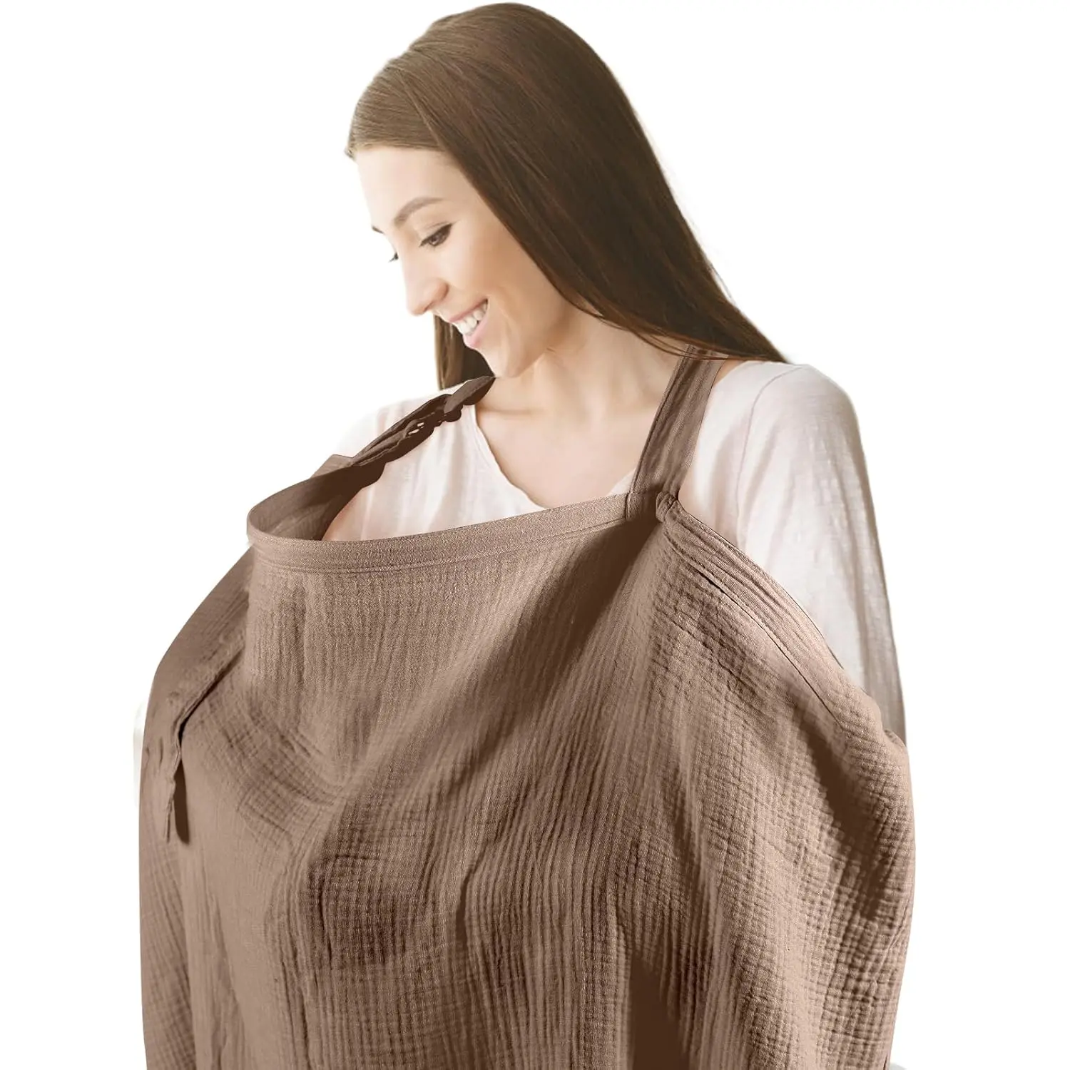 Leaf Print Nursing Cover, 100% Cotton Muslin Breastfeeding Apron with Rigid Neckline, Windproof Strap, and Portable Storage Pocket, With Pocket, Baby Breast Feeding Must Haves, No