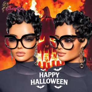 ShowRealHair 025 Pixie Cut Wig for Black Women Pin Curls Short Bomb Curly Wigs Brazilian Virgin Human Hair Short Curly Pixie Wigs Pixie Cut Layered Wig Natural Black Short Wigs for Black Women Short Glueless Wig
