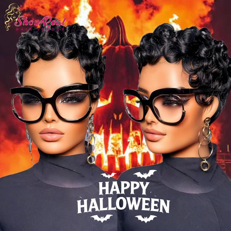 ShowRealHair 025 Pixie Cut Wig for Black Women Pin Curls Short Bomb Curly Wigs Brazilian Virgin Human Hair Short Curly Pixie Wigs Pixie Cut Layered Wig Natural Black Short Wigs for Black Women Short Glueless Wig