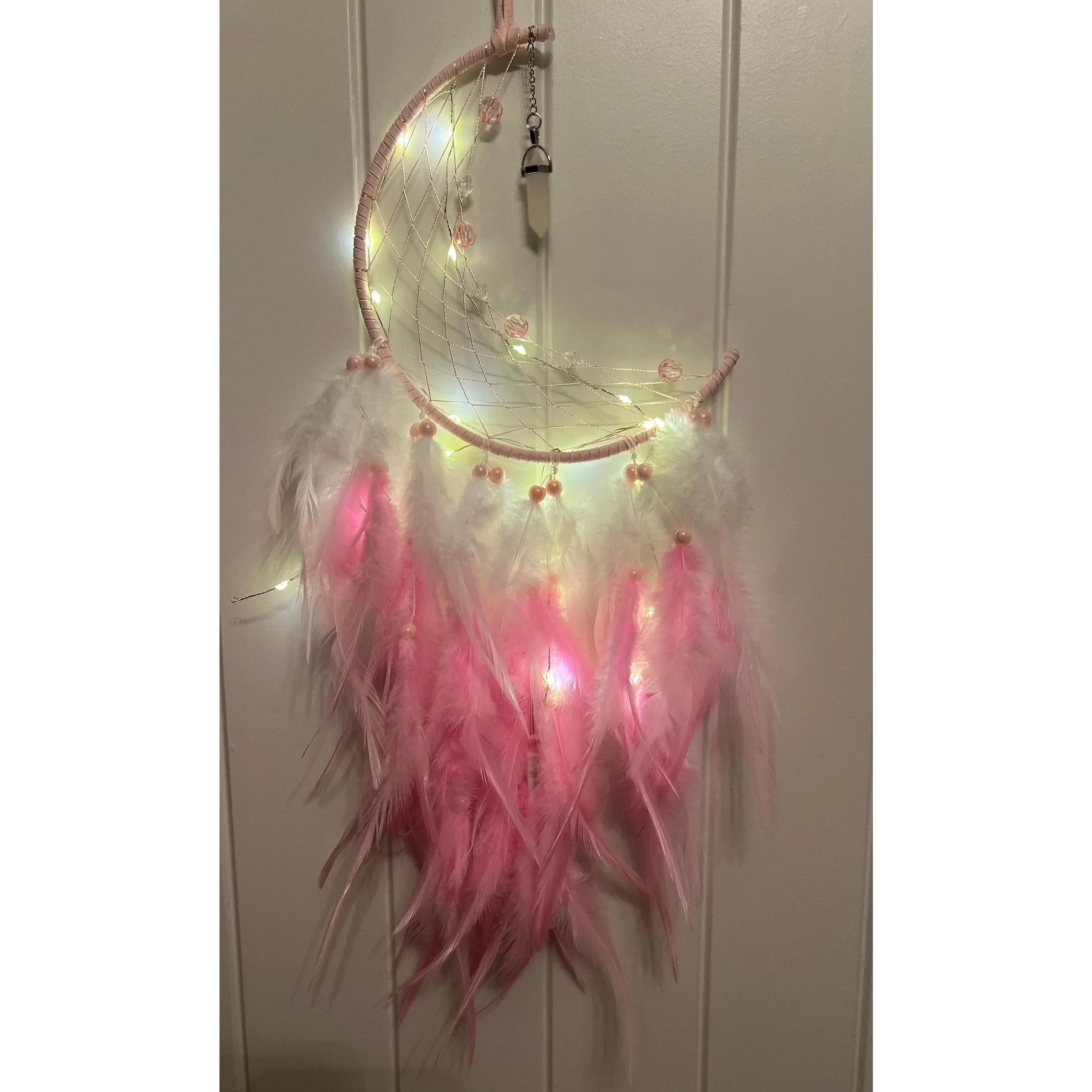 Activated Pink Dream catcher Crescent Moon with feathers lights and Rose Quartz