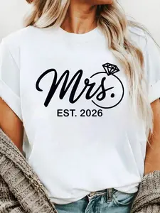 Bride Est. 2026 Fiancée Mrs. Wife Bachelorette Party Wedding T-Shirt Print T-Shirt Casual Crew Neck Short Sleeve Comfort Tee Top For Spring & Summer Women's Clothing
