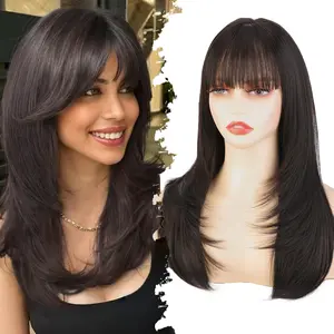 20Inch Long Dark Brown Wig with Bangs for Women, 4x4 Realistic Scalp,Free Parting, Layered Hairstyle Synthetic Heat Resistant for Daily Party Use