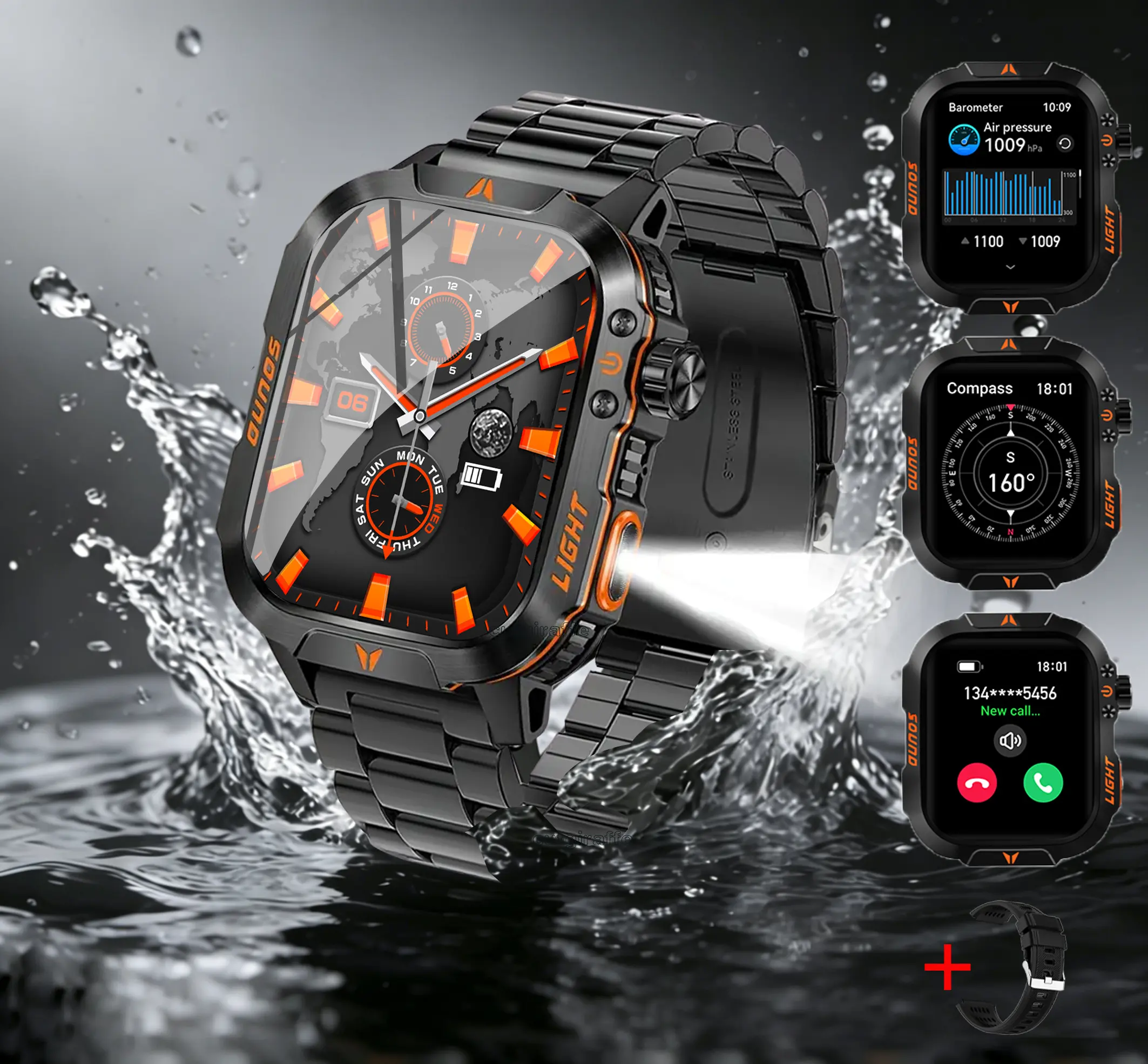 Manly style Smart Sports Watch With LED Lights Wireless Calling, Message Reminders,Sports Mode, Voice Assistant, Weather Push,Stopwatch, Timer, Stopwatch And Other Functions, Smartwatch For Men, Compatible With Android And iPhone Phones Tracker