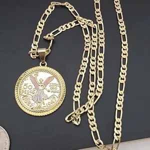 fashion necklace centenario style pendant Figaro chain style gold-plated 24"inches three colors pendant