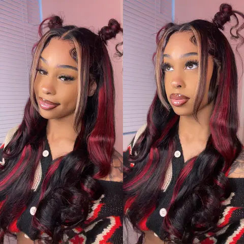 Body Wave Black Red Blonde Highlight Lace Frontal Wig 13x4 Transpare Lace Front Wig Black Red Blonde Colored Pre Plucked Body Wave Human Hair Wigs Pre Plucked For Women
