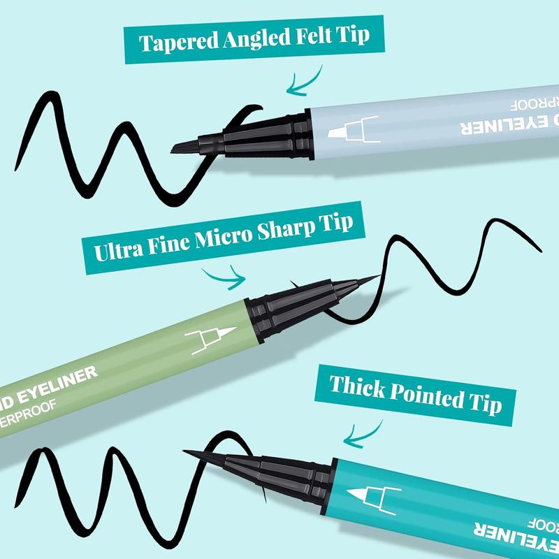 UCANBE 3pcs Black Liquid Eyeliner Kit - Different Sleek Brush Tips for Precision: Micro Fine, Slim Angled, and Thick Marker. Waterproof, Long-Lasting (24H), Quick Dry, Smudge-Resistant, Perfect for Daily & Bold Looks, Festivals, Parties, and Gifts