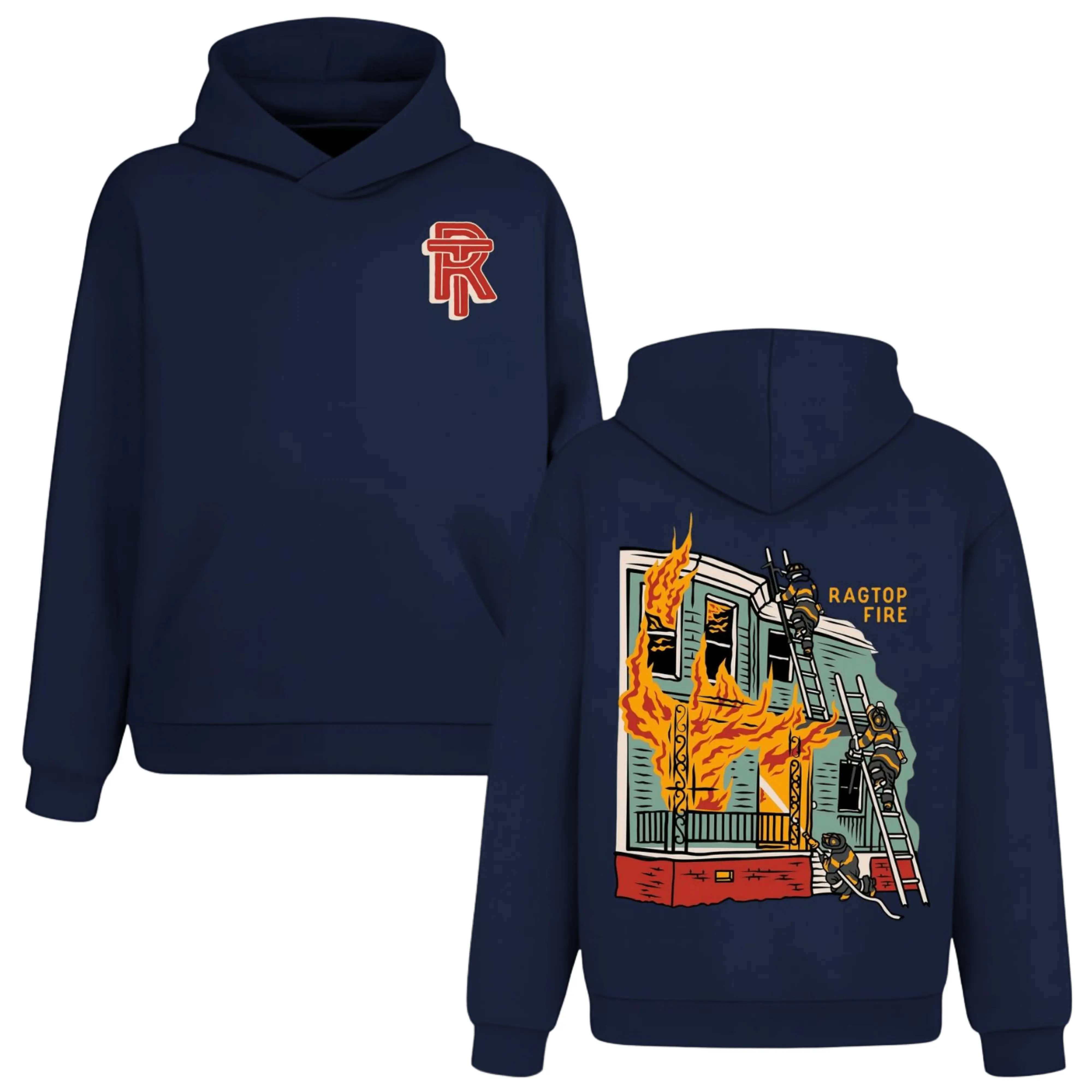 Ragtop Fire Firefighters House Fire Hoodie, 2 Sides, First Responder Fire Department Graphic Pullover
