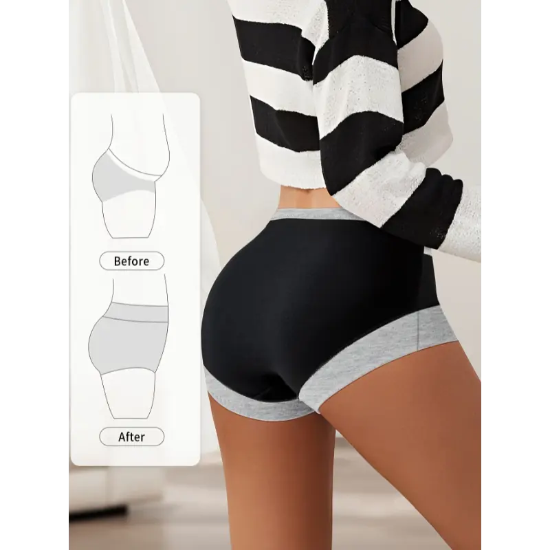4pcs Women's High-Waisted Boyshorts & Boxer Briefs - Soft Breathable Mid-Support Underwear with Tummy Control, Contrast Waistband & Solid Color Design, Elegant Collection (Black, Pink, Yellow), Full Coverage Briefs | Elegant Boyshorts | Bre
