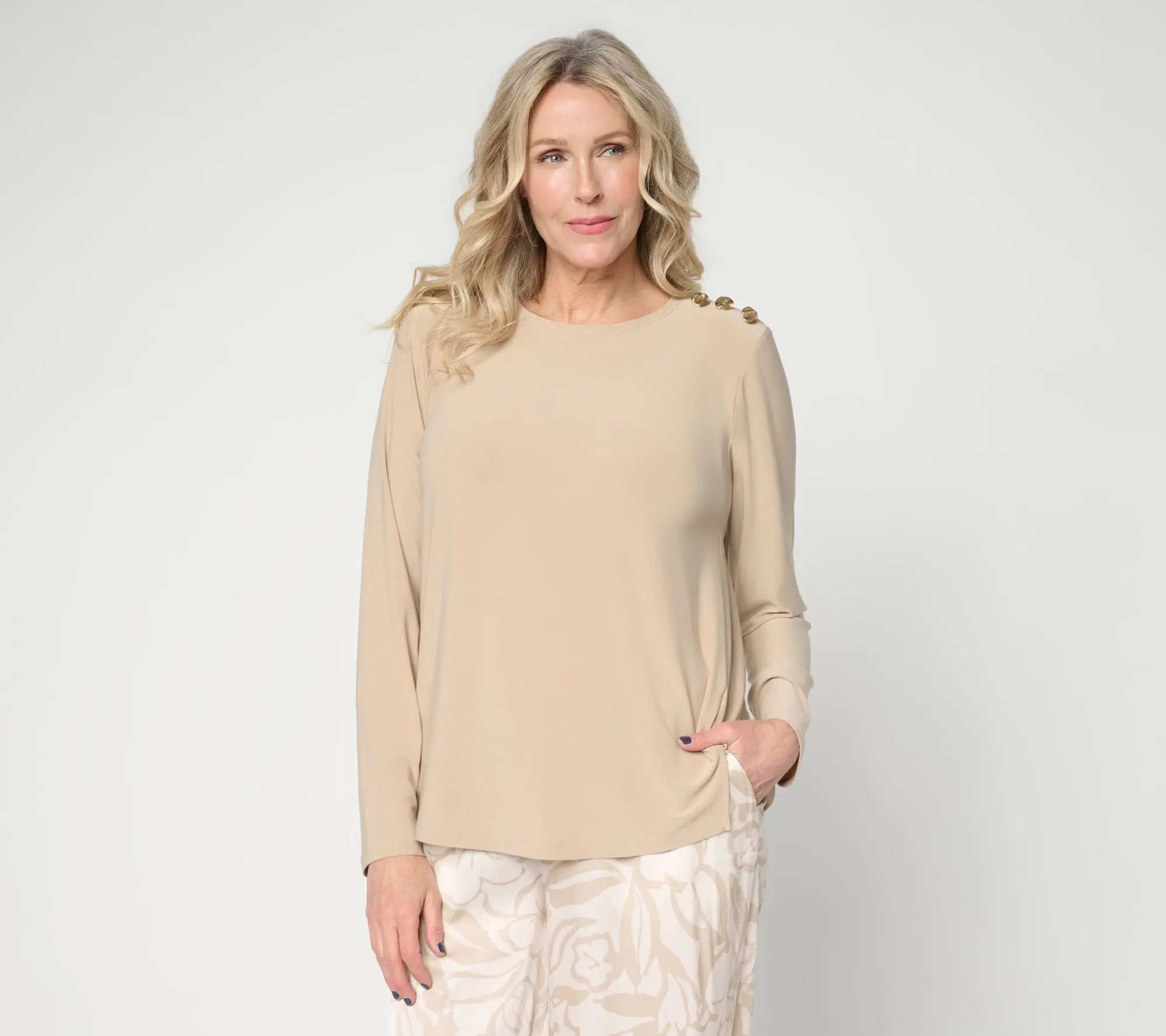 Dennis Basso Italia Knit Bateau Neck Top with Gold Buttons
