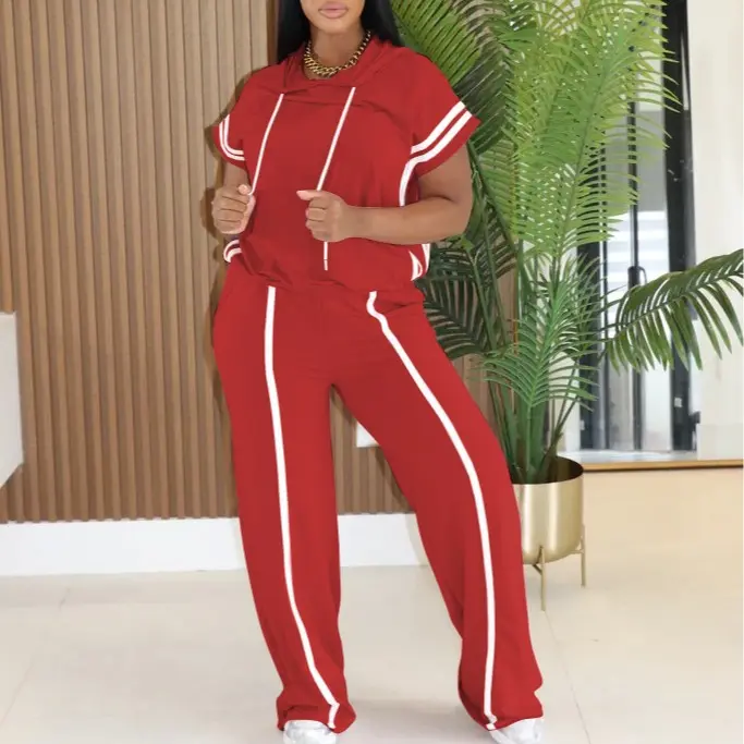 USBoutiqueCHIC Women's Spring Summer Hooded Top & Lounge Pants Set 531GSM Oversized Loungewear 8-Color Comfort Wear Collection Blue with White Stripes