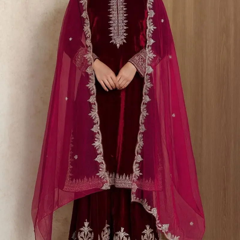 Winter Velvet Embroidered wine red Suit with organza Dupatta for Festive Wear