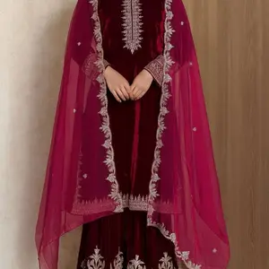 Winter Velvet Embroidered wine red Suit with organza Dupatta for Festive Wear