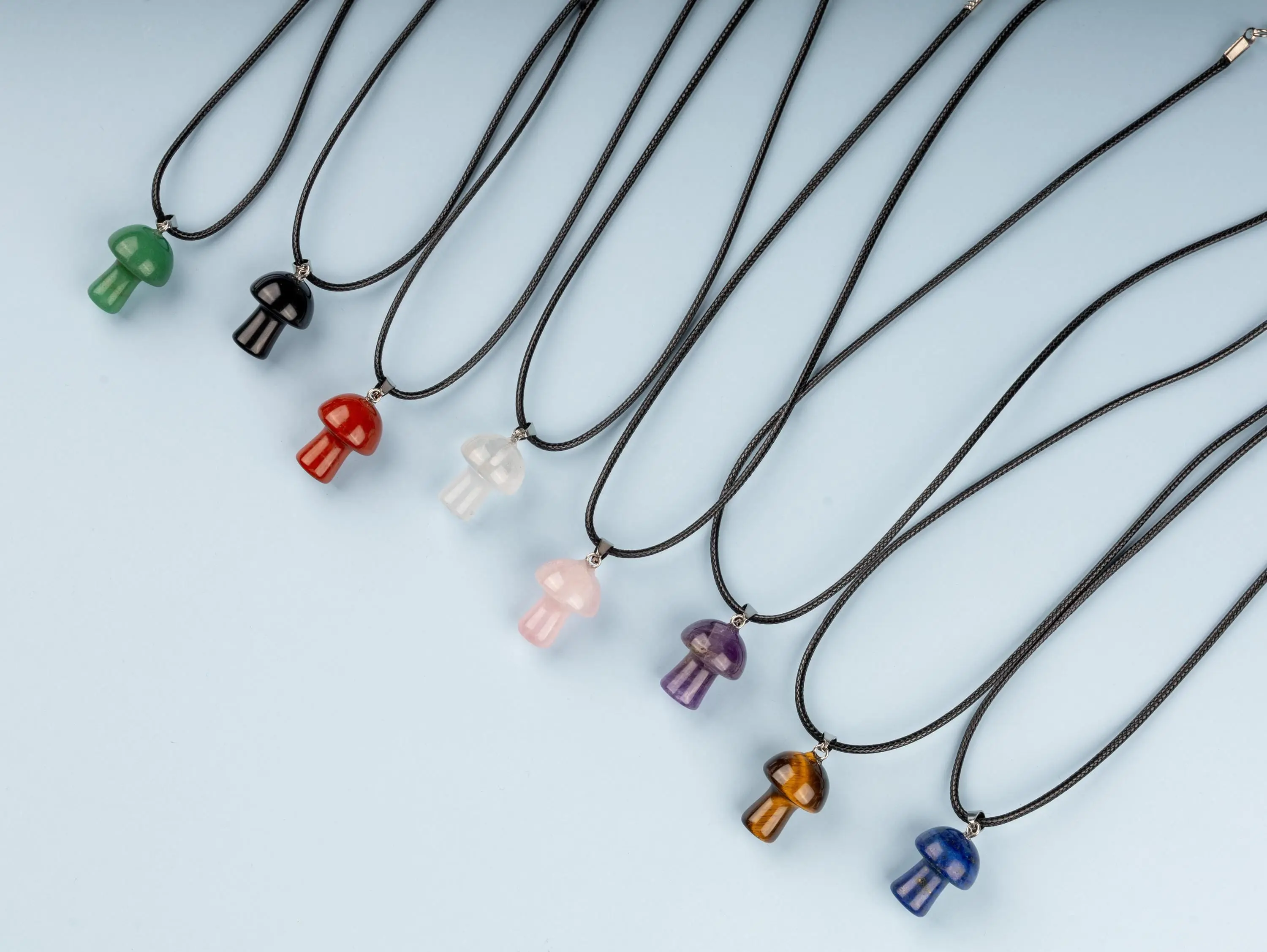 Mushroom Pendant Crystal Necklace with 18" Black Cord, Natural Healing Crystal Jewelry Gift, Amethyst, Rose Quartz, Lapis Lazuli, Red Jasper