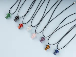 Mushroom Pendant Crystal Necklace with 18" Black Cord, Natural Healing Crystal Jewelry Gift, Amethyst, Rose Quartz, Lapis Lazuli, Red Jasper