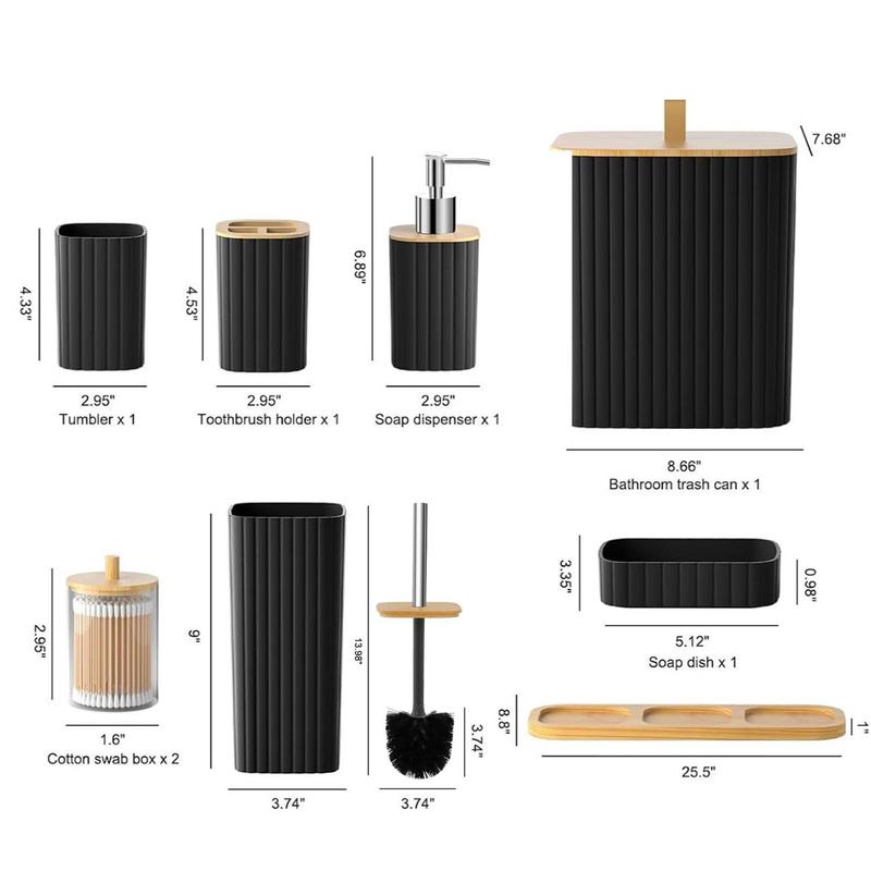 Black Bathroom Set with Shower Curtain, Trash Can, Toilet Brush Holder, Soap Dispenser, and More, Modern Bathroom Accessories