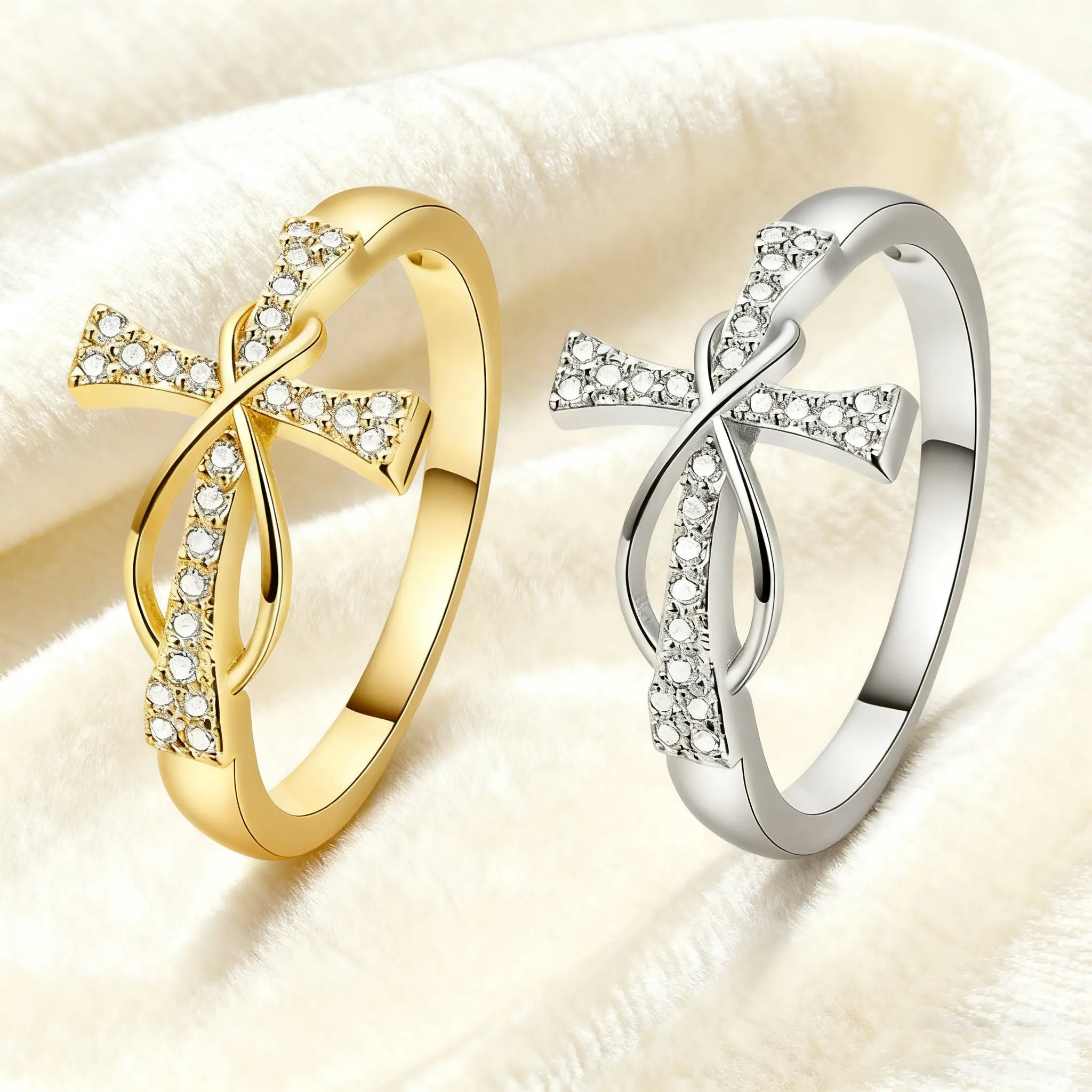 Zircon Cross Infinity Symbol Ring Jesus Twisted Line Ring Couple Jewelry Men and Women Anniversary Gift Suitable for Party