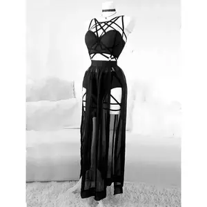 AltGoth Gothic Nightclub Sexy Skirt Set Women See Through Mesh Backless Crop Tops Emo Alt Punk High Waist Underpants Skirt 3pcs