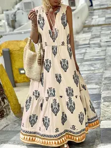 Plus Size Ethnic Style Sleeveless Long Dress, Lace-Up Loose Fit, Conceals Fat, Slimming, Perfect for Plus Size Women Vacation Wear