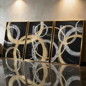 3Pcs Aluminum Alloy Framed Painting, Abstract Gold And Silver Rings Picture, Home Decoration For Living Room, Bedroom, Office, Restaurant, Hallway Wall Decor, Odorless Print Artwork, Luxury Perfect Gift For Friends And Family