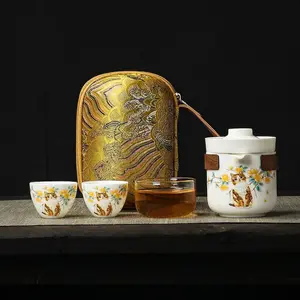 Jade and Porcelain Peacock Travel Tea Set – Portable Outdoor Gongfu Tea Set