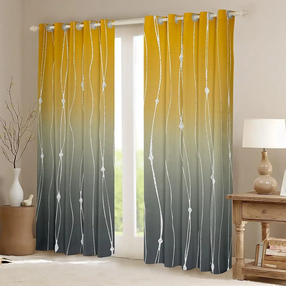 Grey and Yellow Ombre Blackout Curtains Aesthetic Geometric Window Treatments,Dots and Wave Stripe Watercolor Gradient Window Drapes,Abstract Lines Black Out Curtains