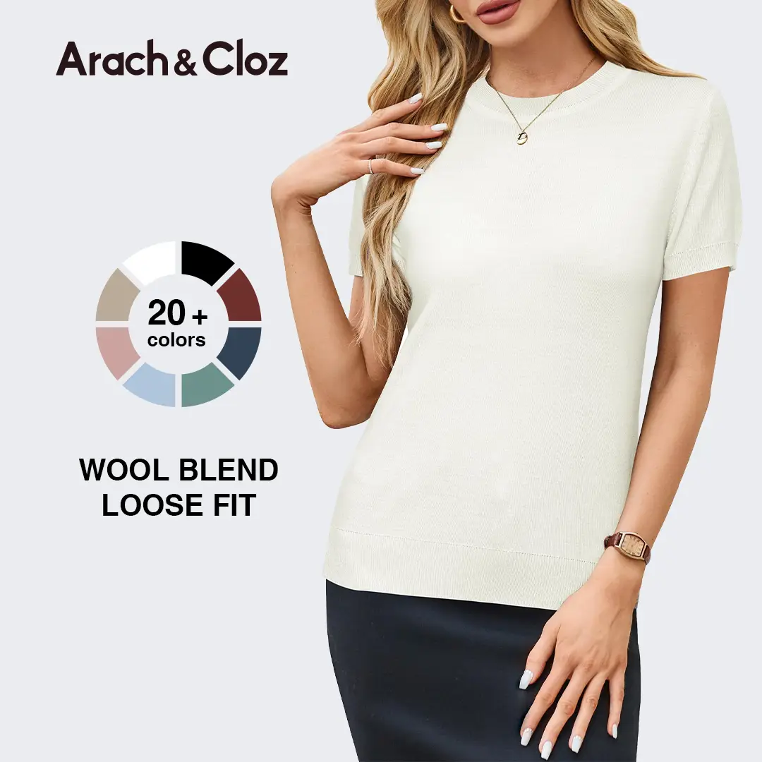 Arach&Cloz Women's Wool Blend Loose Fit Soft Summer Sweater Short Sleeve Crew Neck Casual Pullover Tops Trendy Outfits 2025