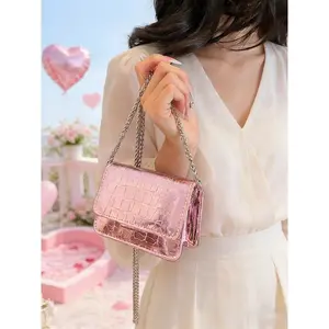 Women’s Crocodile Embossed Mini Flap Crossbody Bag, Vibrant Color Chain Shoulder Purse with Magnetic Snap Buckle, Trendy Street‑Style Fashion Accessory