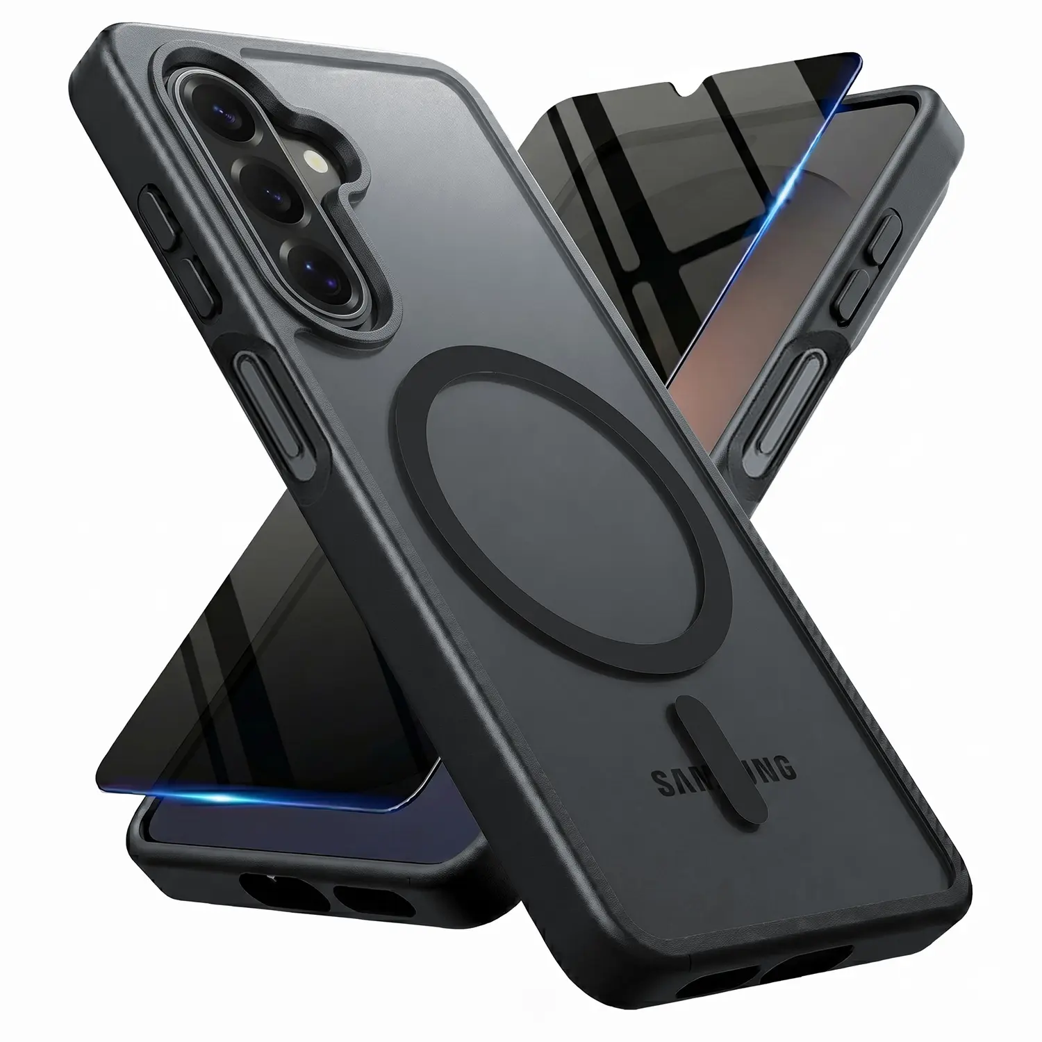 for Samsung Galaxy A17 / A16 5G Case with Privacy Tempered Glass Screen Protector，A17 / A16 5G Phone Case Compatible with MagSafe，Magnetic Translucent Matte Military Grade Drop Proof Protection Cell Phone Cover(Black)
