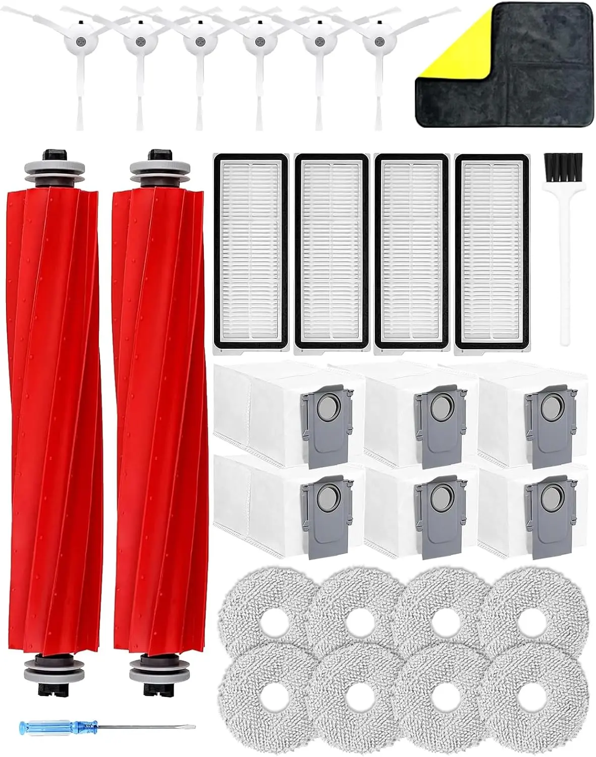 Vacuum Cleaner Replacement parts Compatible with Roborock Qrevo pro/Qrevo MaxV/Qrevo S/Qrevo plus,2 Main Brush Roller,6 White Side Brush,4 Hepa Filters,8 Mop Pads,6 Dust Bags (White-29)