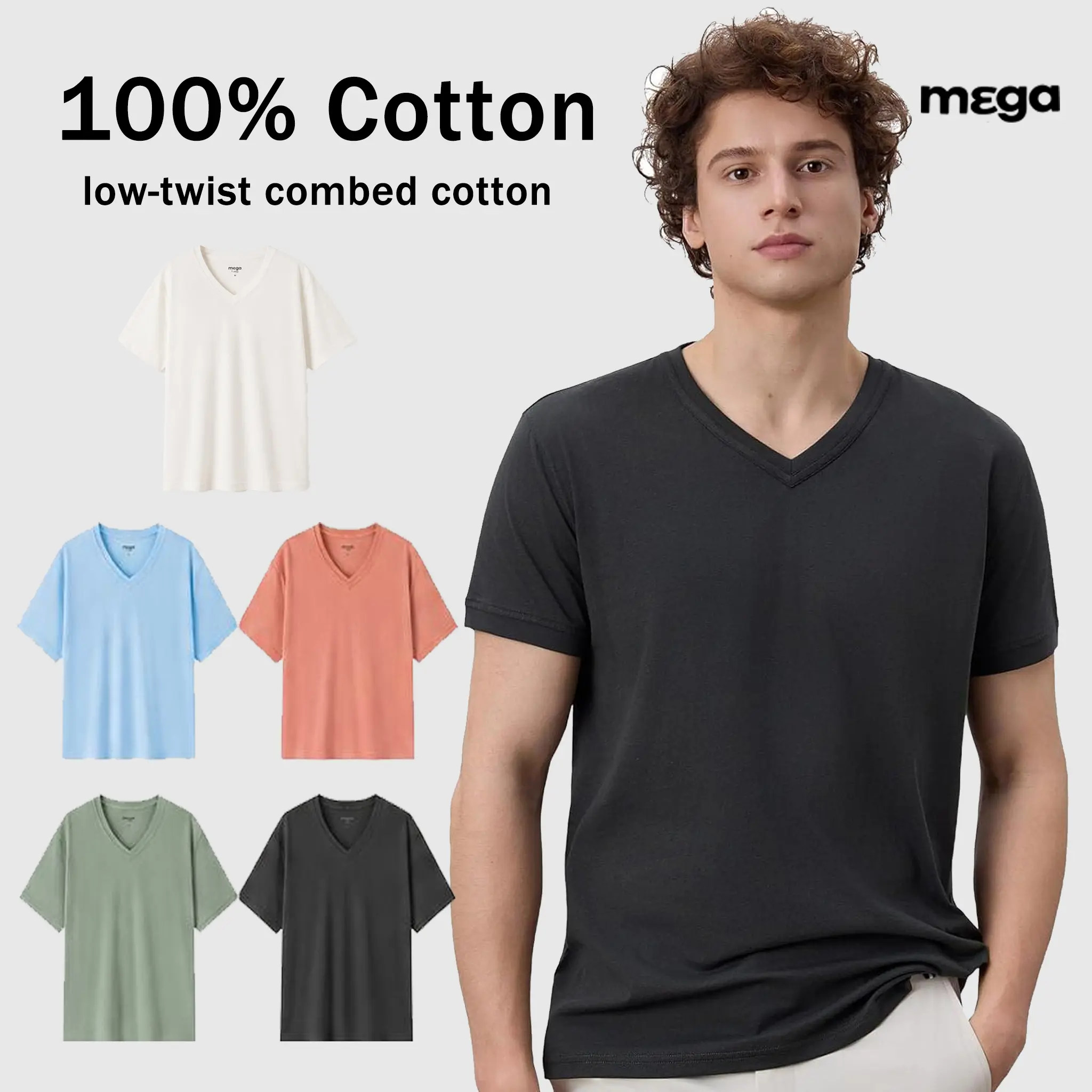 Mega Tshop Men's 3.8 oz 100% OE Cotton V-Neck Tshirt - Short Sleeve, Smooth Fabric, Regular Fit, Breathable Summer Casual Menswear Top