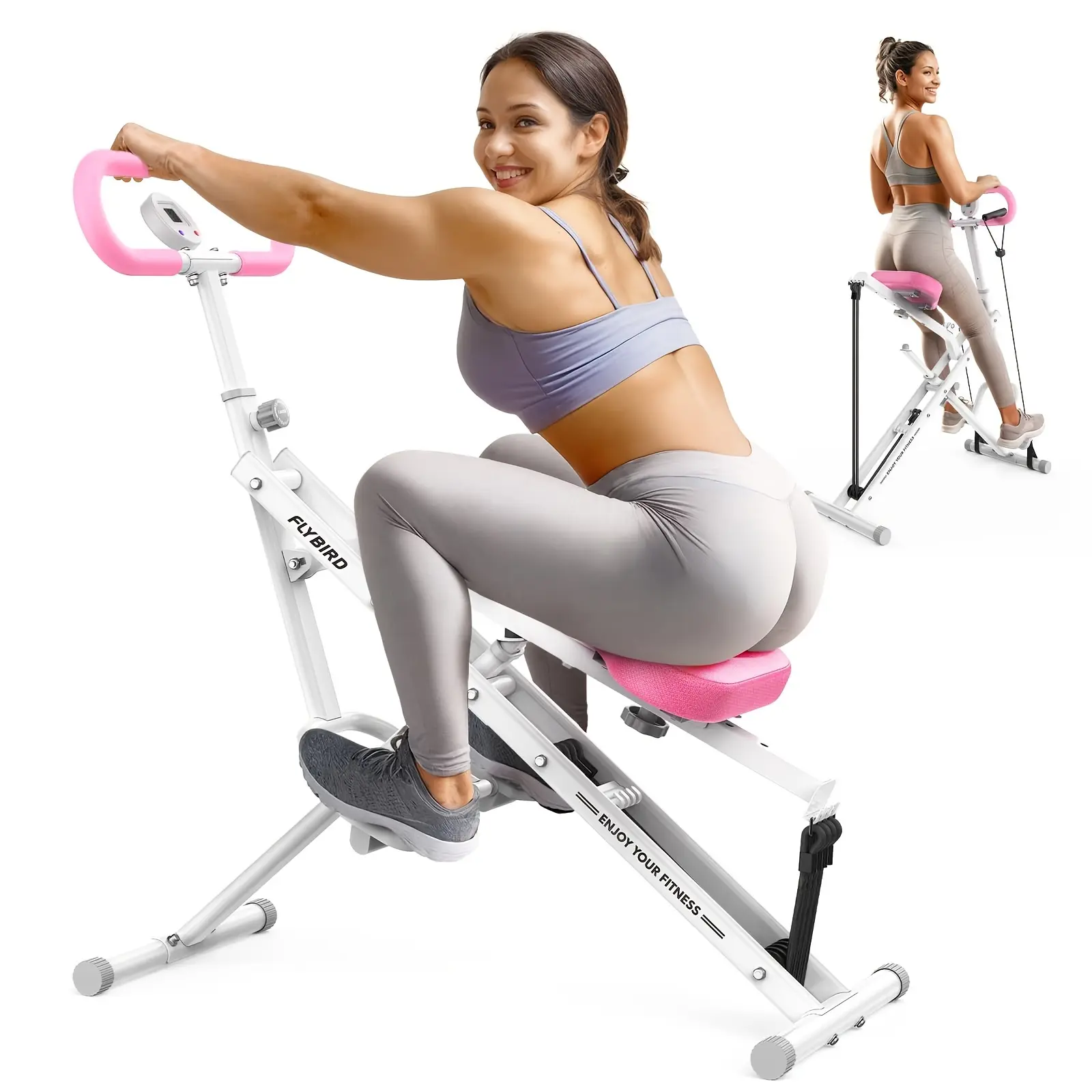 2-in-1 Squat & Rowing Machine - Hydraulic Resistance Foldable Glute Trainer, Portable Home Gym Equipment for Legs & Buttocks Workout, Easy Setup No Power Needed (White) - Christmas Gift for Men & Women, Rower Exercise Machine, Body Toning Tools, Compact E