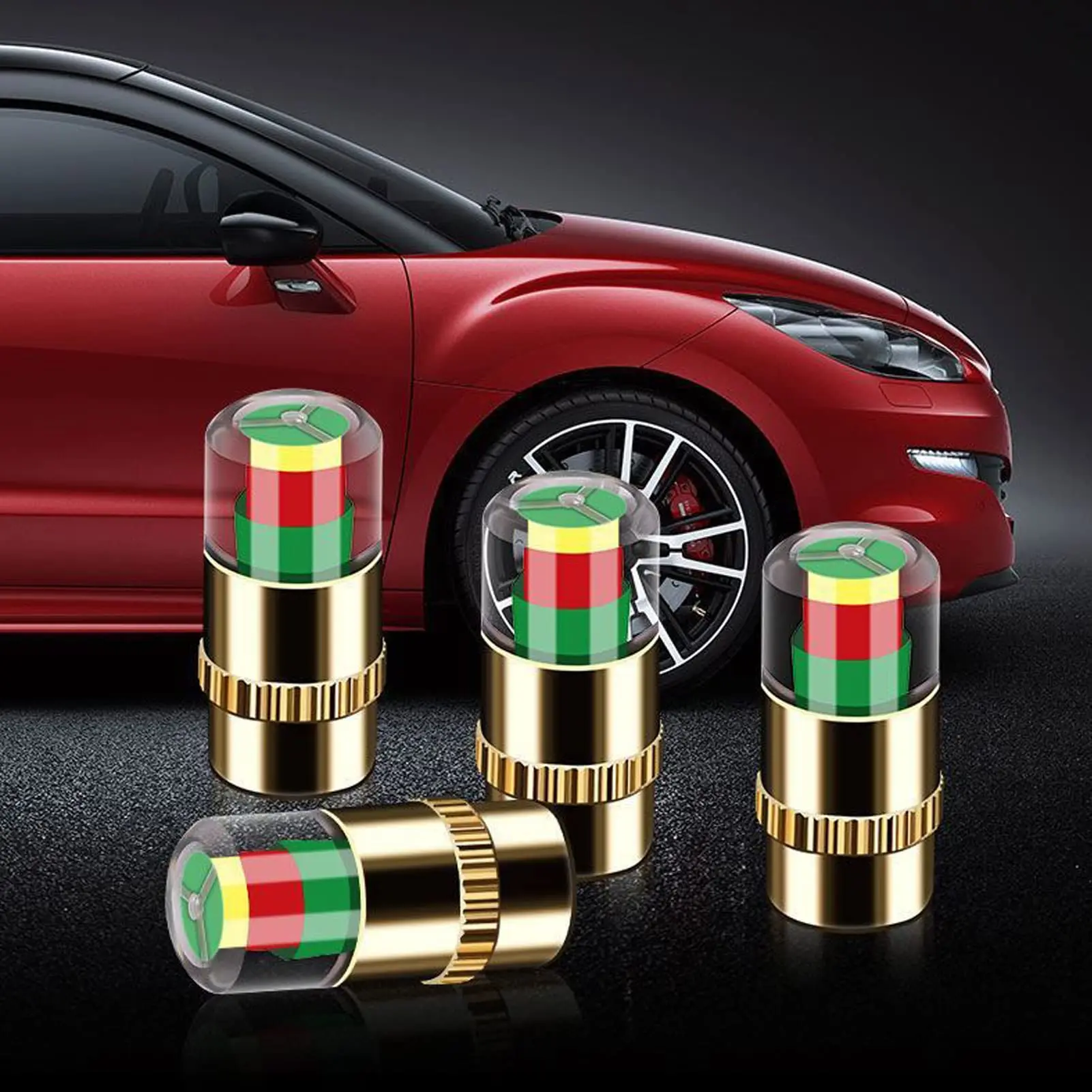 Golden Plastic Functional Tire Pressure Monitor Valve Stem Covers with Sensor Indicator, 4Pcs Bike Accessory for Car/Motorcycle, Easy Installation & Durable Design