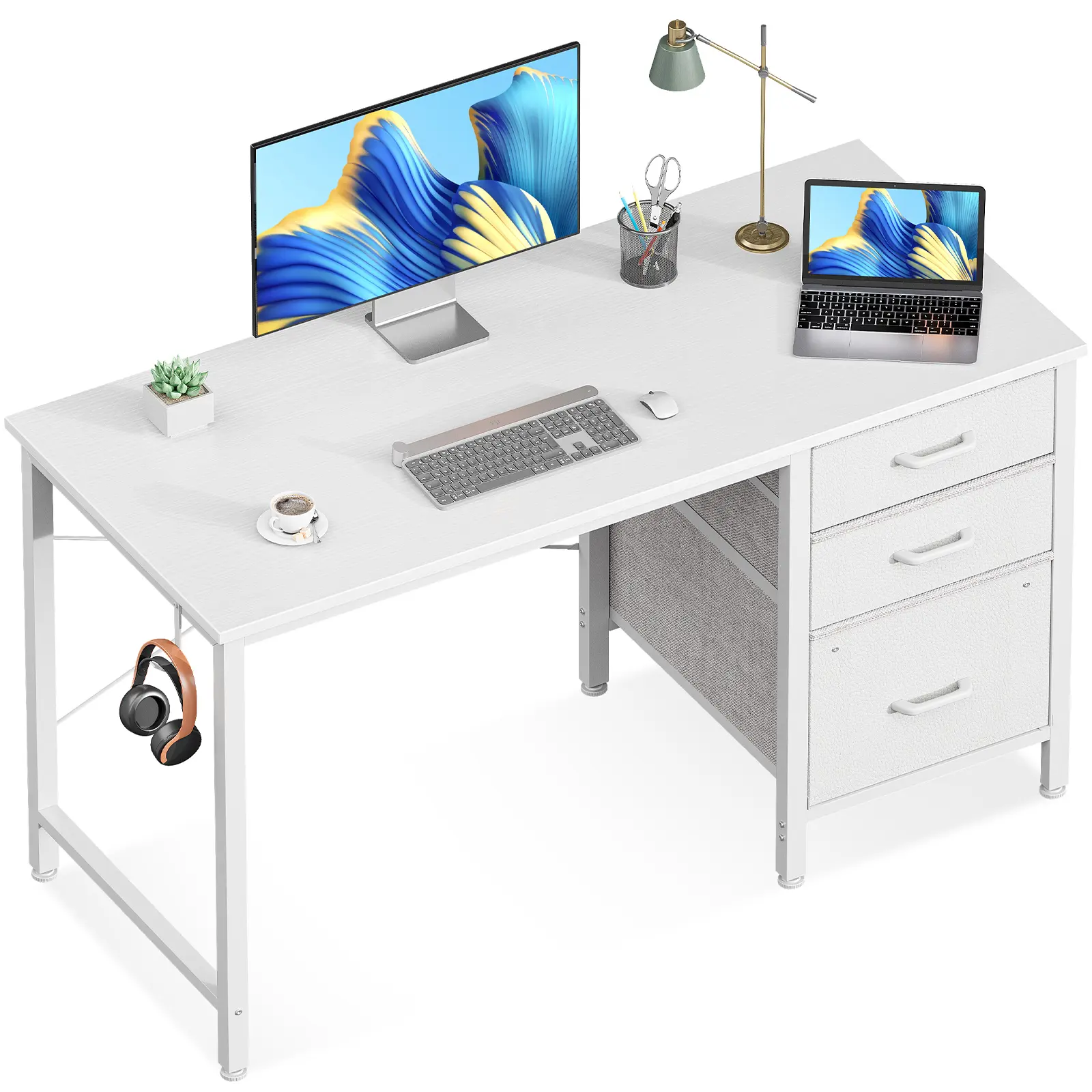 AODK Small Computer Desk with Fabric Drawers and Hook for Home Office Writing Study or Vanity in Small Space