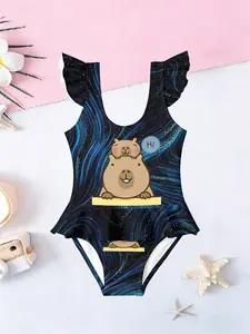2026 New Girl's Capybara Print One-Piece Swimsuit, Starry Sky Ruffle Spa Swimwear, Cute Fitted Bathing Suit for Kids