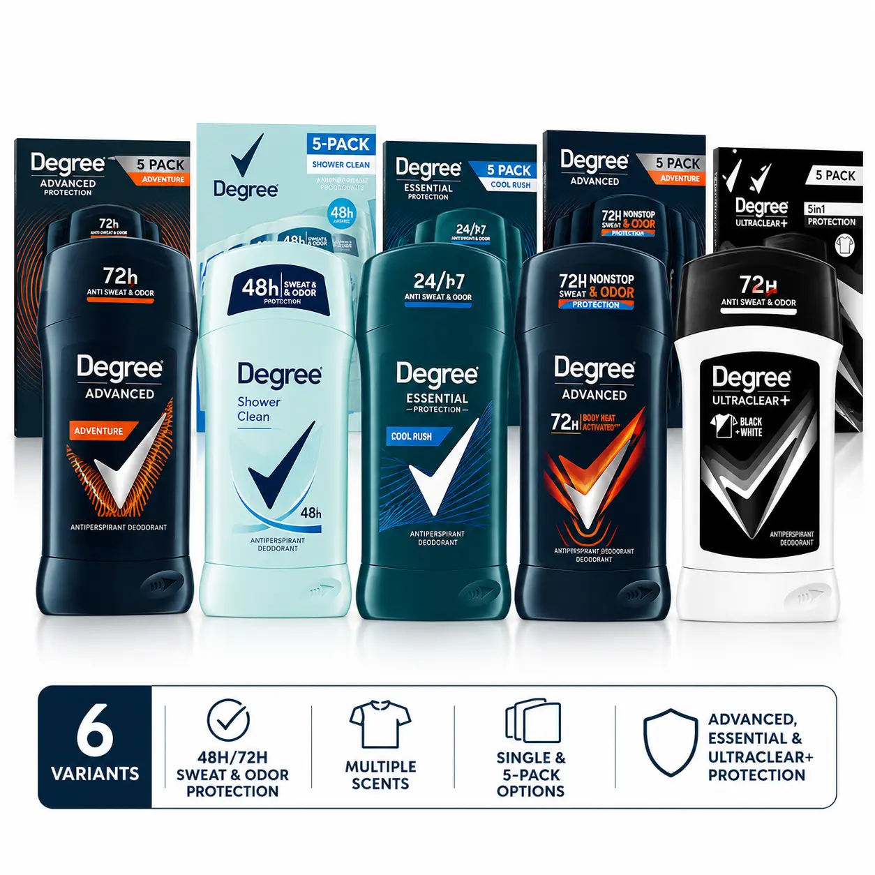 Degree Men's Antiperspirant Deodorant Stick, Advanced, Essential & UltraClear+ Protection, 48H/72H Sweat & Odor Protection, Multiple Scents & Pack Sizes