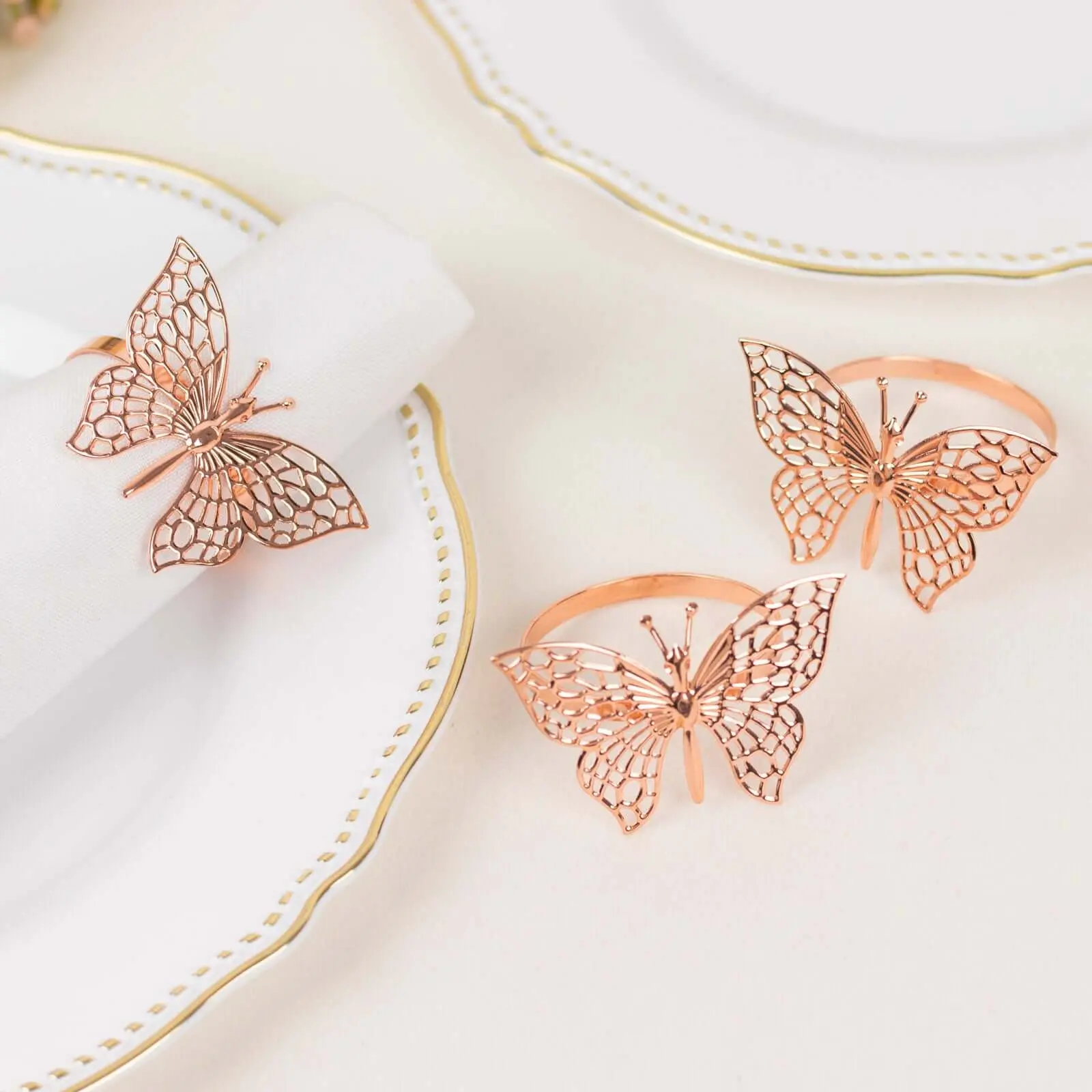 4-Pack Metallic Rose Gold Laser-Cut Butterfly Napkin Rings, Decorative Cloth Napkin Holders for Tableware Set