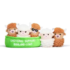 Emotional Support Highland Cows by Relatable, Cuddly Stuffed Animals, Plushies, and Cute Stuff, Great Gift Ideas for Loved Ones of All Ages, Includes 5 Toys with Carrying Basket