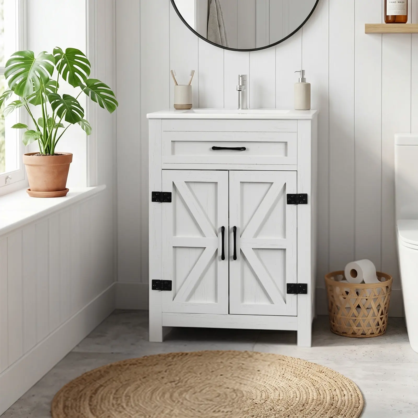 Farm Barn Style 24" Bathroom Vanity Base Cabinet Without Basin, Washed White Melamine Veneer Particleboard Bathroom Cabinet, Barn‑Inspired Double Doors And U‑Shaped Internal Shelf, Hardware Hinges Handles Bathroom Furniture For Residential Bathroom