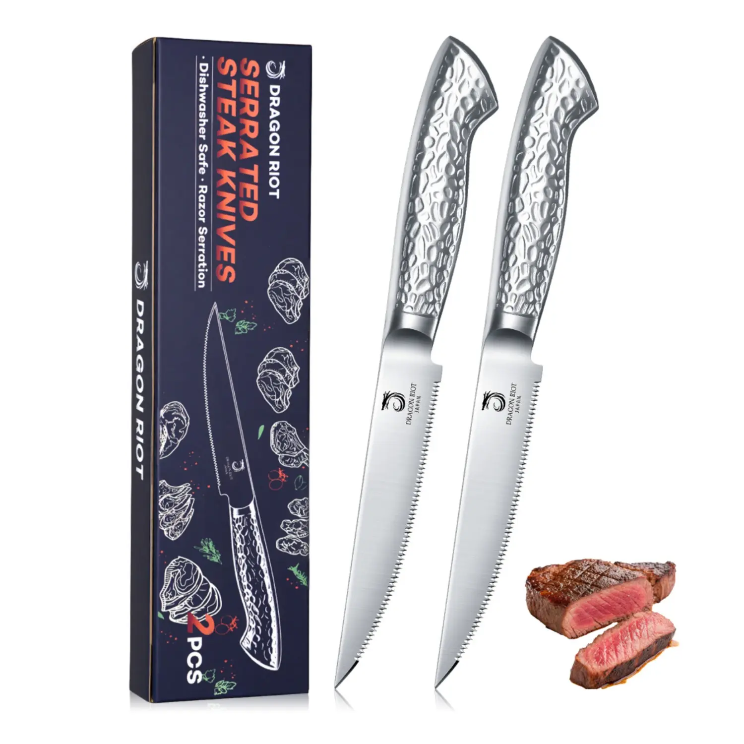 Huusk 2-Piece Serrated Edge Steak Knives Set, Japanese Stainless Steel Kitchenware Cutting Tools, Smooth Metal Dinner Knives, Dishwasher Safe with Box for Modern Casual & Formal Use