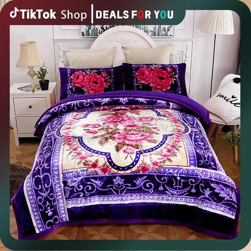 Warming Sherpa Flannel Winter 3-Piece Soft Blanket-8lbs Printed Pattern 79" x 91" 2 Pillow Sham Thick Soft Warm Luxury Embossed Design