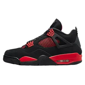 Nike Air Jordan 4 Retro 'Red Thunder' Men's Round Toe Laces All Seasons Black Nubuck with Red Accents 2022 Release